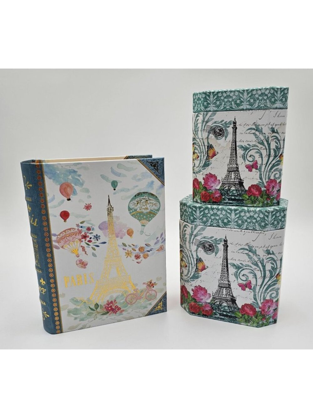 Paris Eiffel Tower Magnetic Book Box & Nesting Box Set Hot Air Balloon 3 pieces